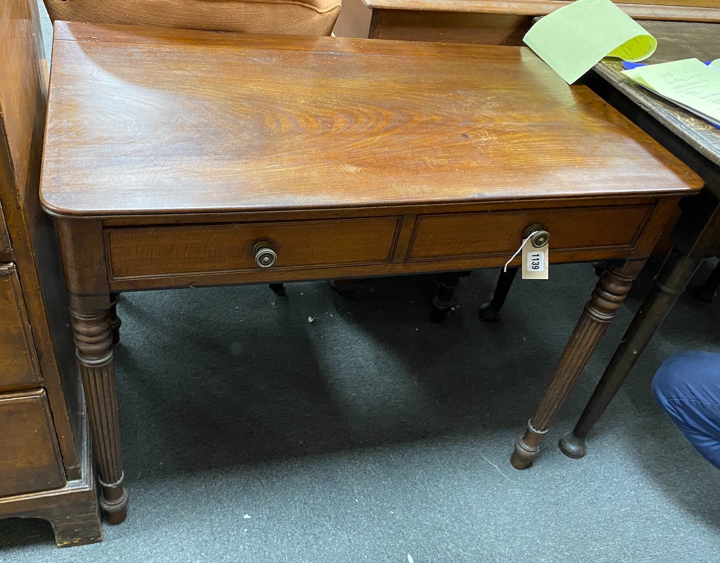 A Victorian mahogany two drawer side table in the Manner of Gillows, width 88cm, depth 52cm, height 69cm